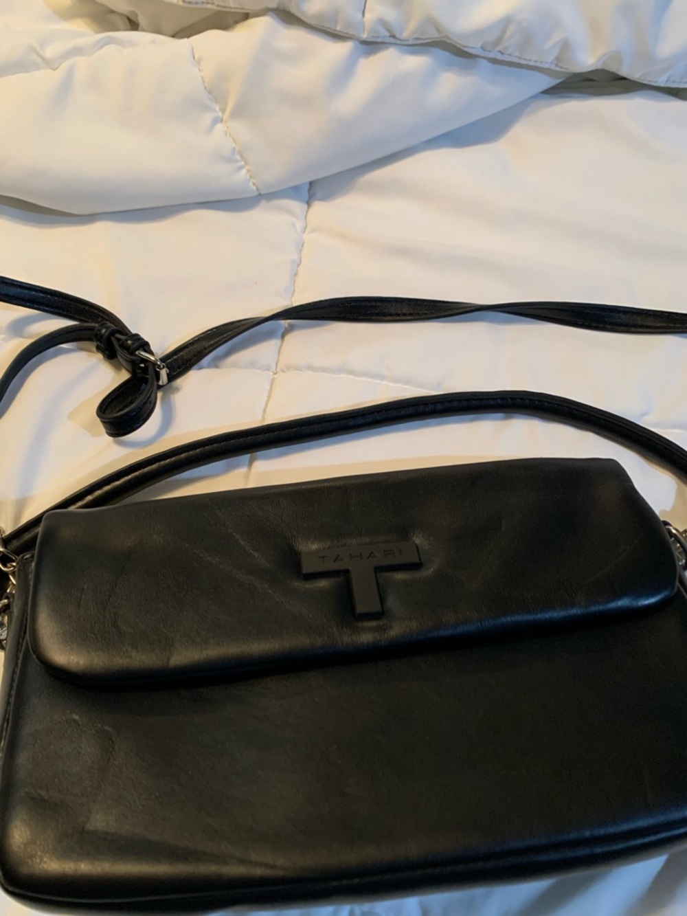 T Tahari Black Leather Shoulder Crossbody with T-Logo and unbranded wristlet